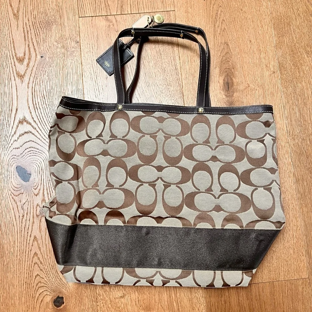 Coach Signature Stripe Tote Classic Brown and Tan C Monogram Jacquard Purse